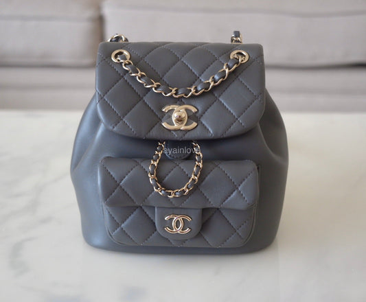 CHANEL 22A Mini Duma Grey Drawstring Backpack Light Gold Hardware