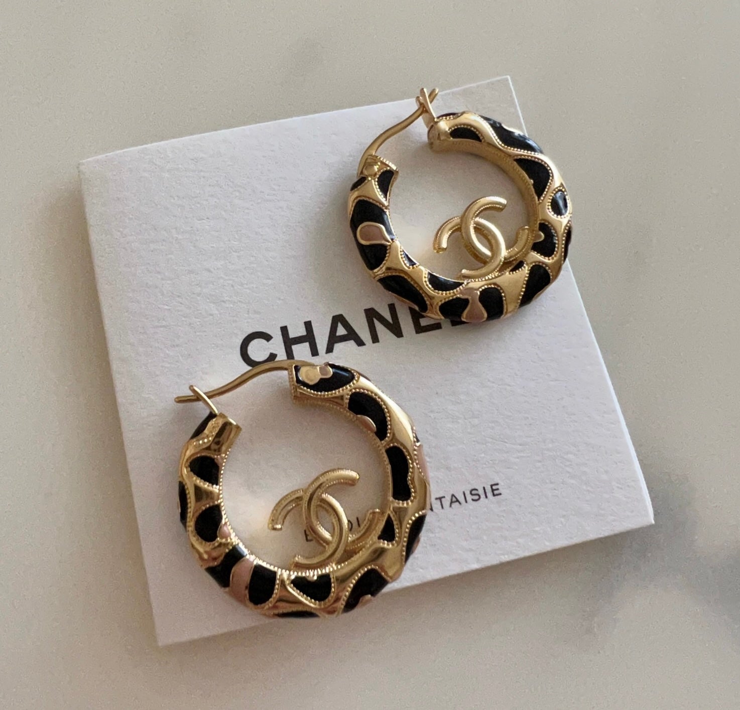 Chanel Gold CC Black White Stripe Red Crystal Hoop Piercing Earrings