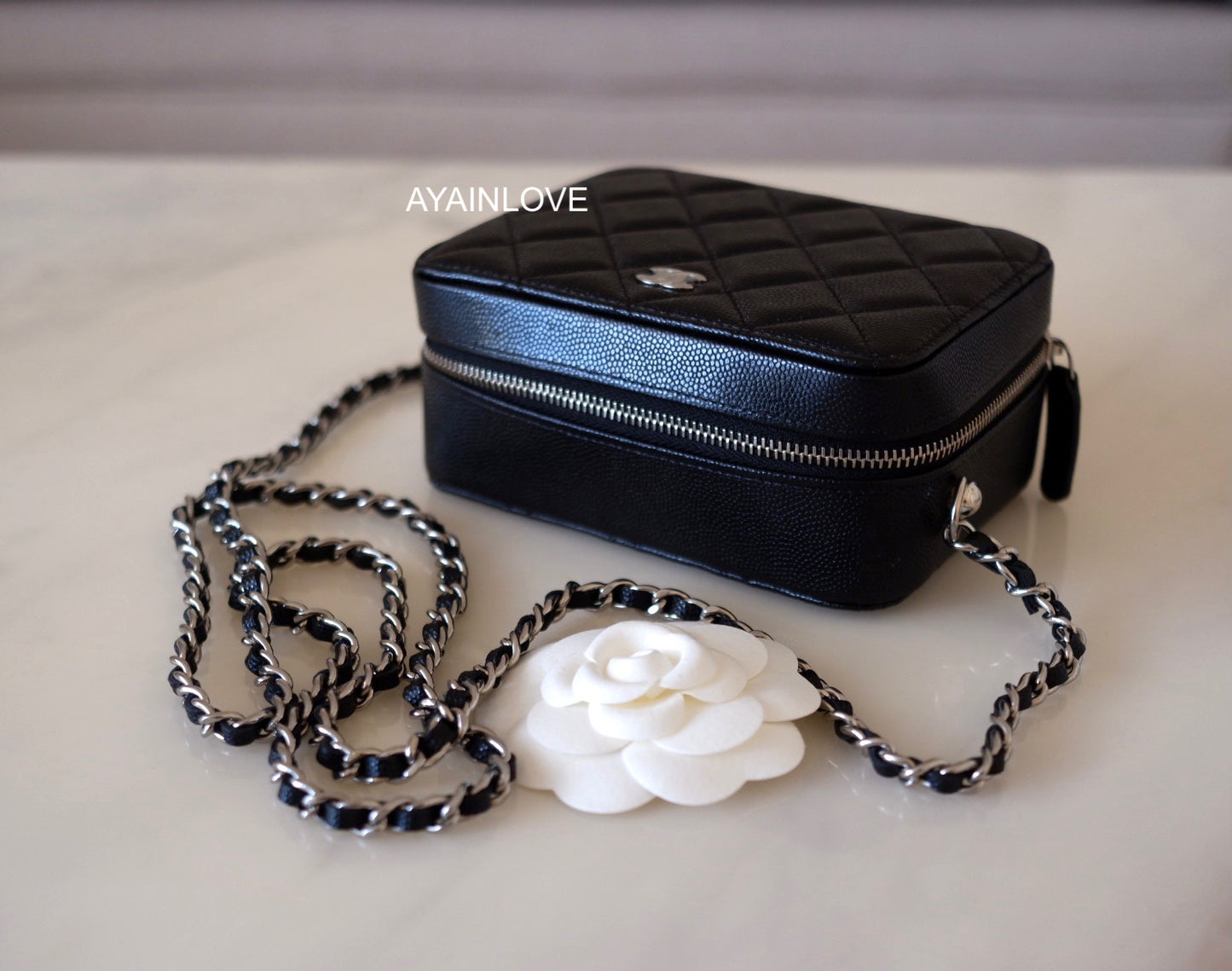 CHANEL 21K Black Caviar Small Camera Case Bag Silver Hardware