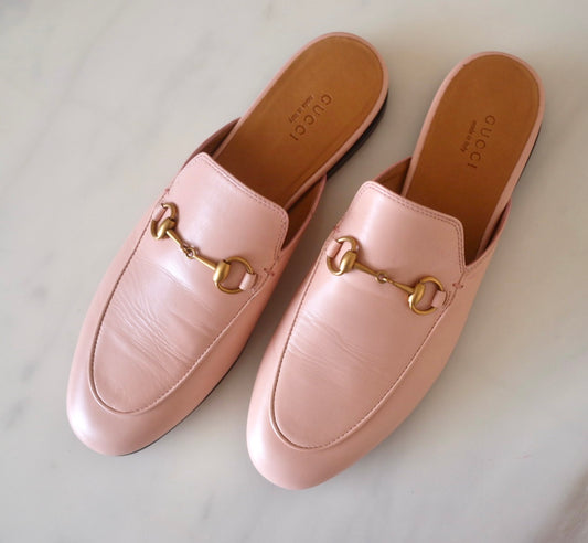 GUCCI Princetown Pink Leather Loafers Slippers Mules Size 38