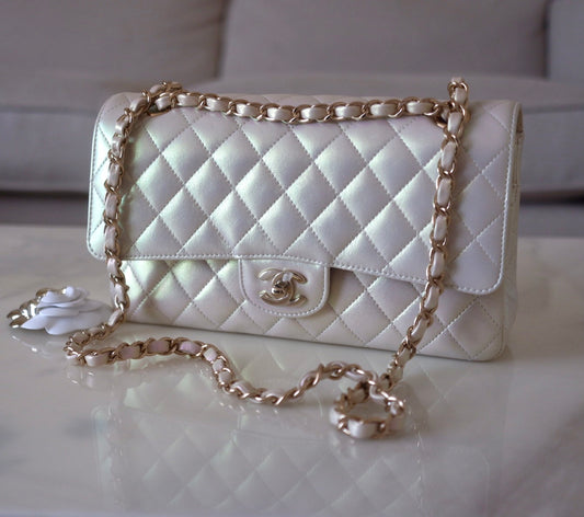 CHANEL 20B Iridescent Ivory Medium Classic Flap Light Gold Hardware