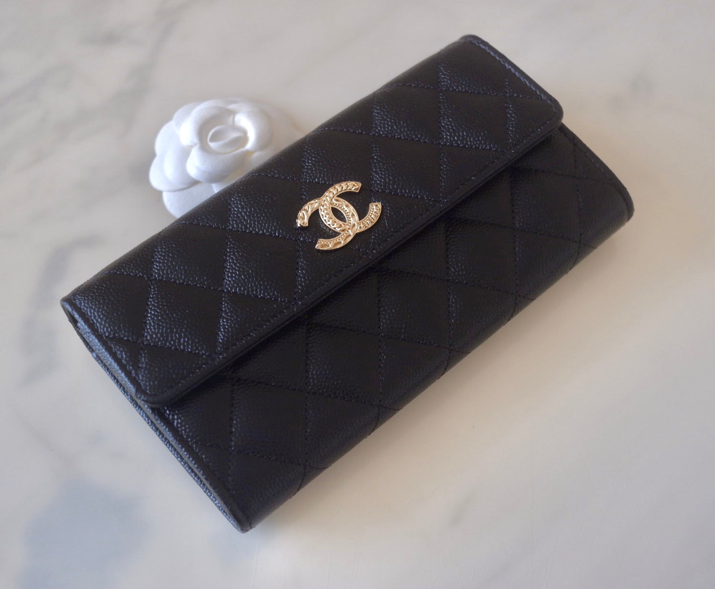 CHANEL 22K Black Caviar Long Flap Wallet Oversized CC Light Gold Hardware