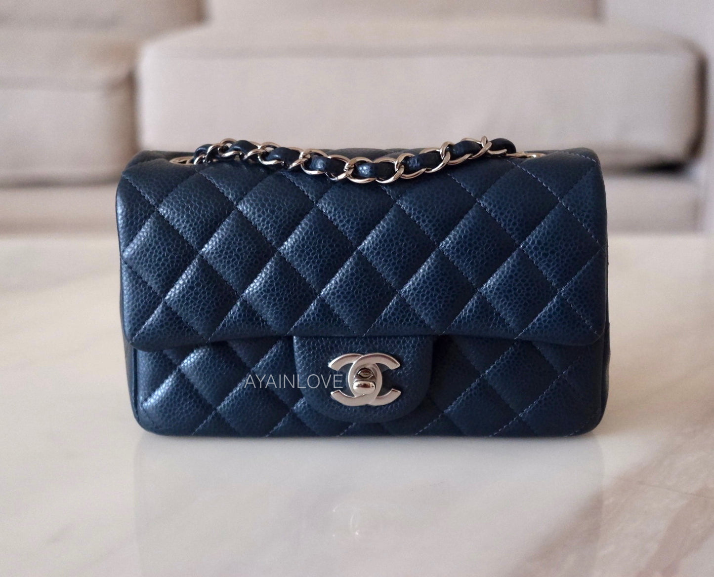 CHANEL 14S Navy Blue Caviar Rectangular Mini Silver Hardware