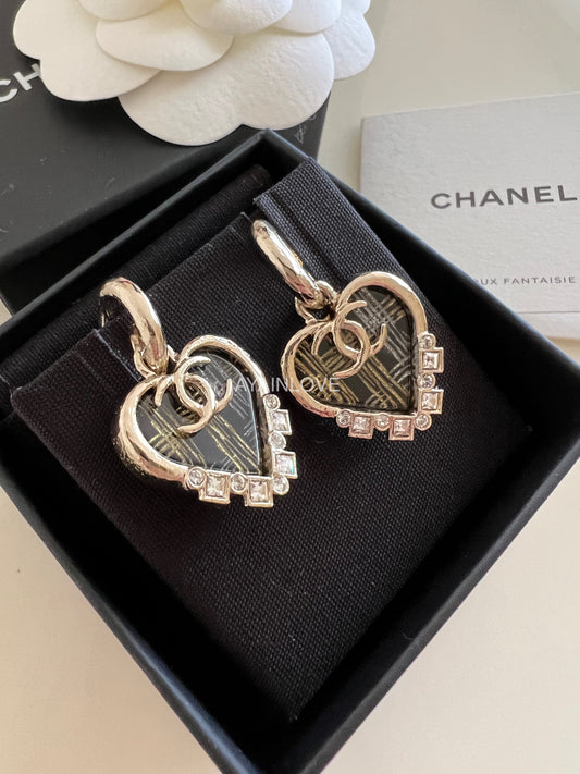 CHANEL Heart CC Drop Black Diamante Statement Earrings Light Gold Hardware