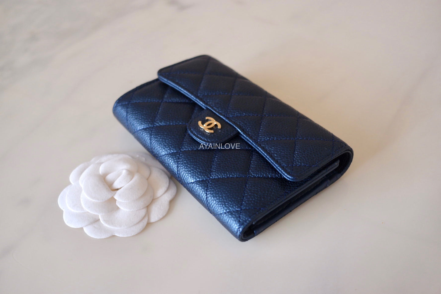 Chanel Classic Flap Wallet Blue Caviar Gold Hardware