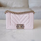 CHANEL 20A Beige Pink Caviar Small Chevron Leboy Flap Bag Light Gold Hardware