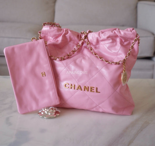 CHANEL Pink Calf Skin Small 22 Bag Brushed Gold Hardware