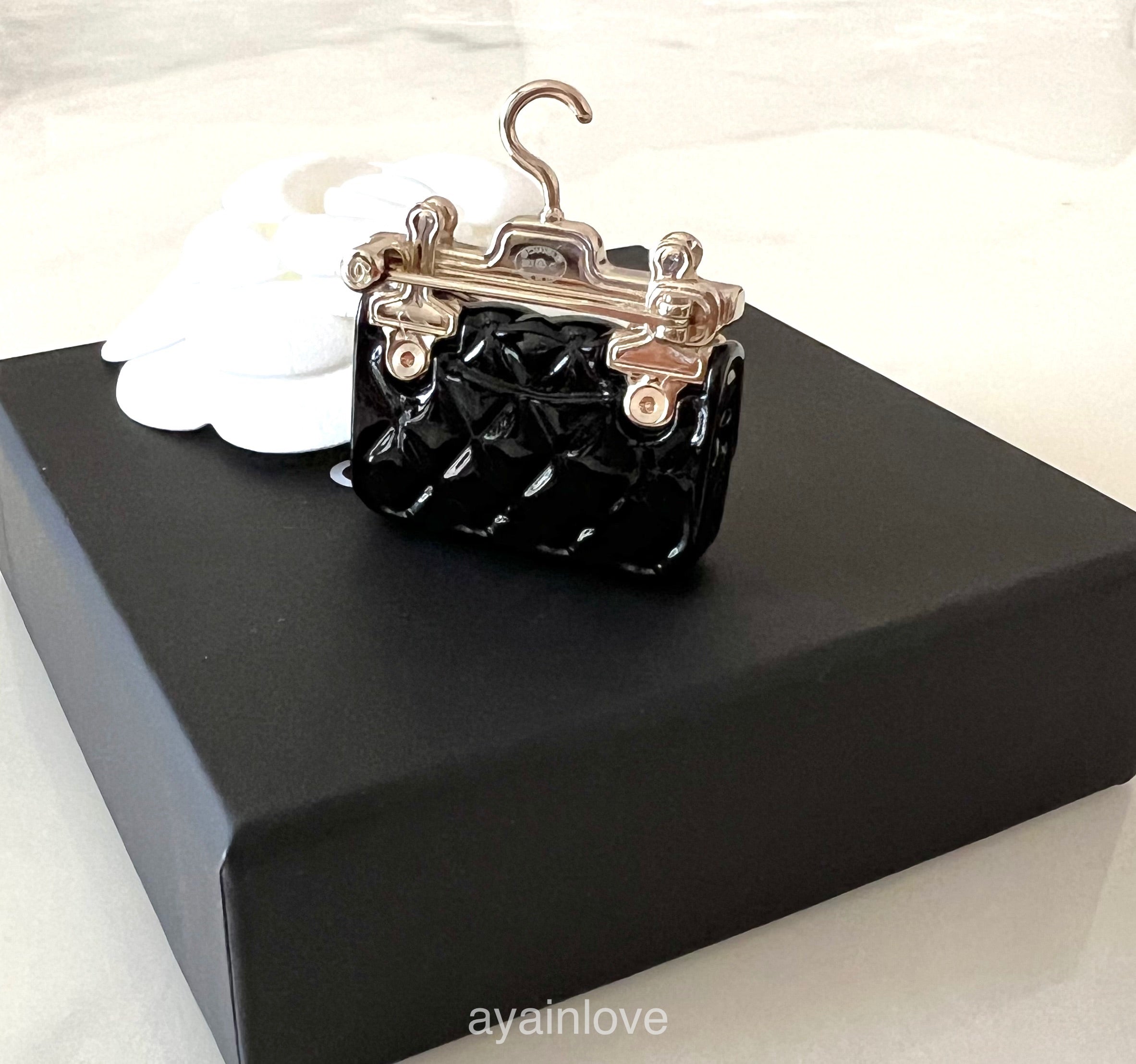 CHANEL 23C Resin Black Classic Flap Bag Brooch Light Gold Hardware