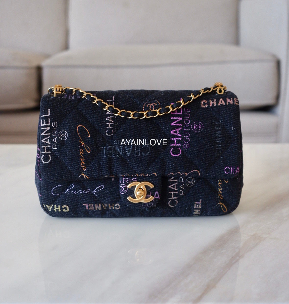 22P DENIM MULTICOLOUR BLACK FLAP BAG GOLD HARDWARE *NEW*