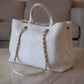 CHANEL 19P White Bull Skin Tote Medium Shopping Bag Gold Hardware