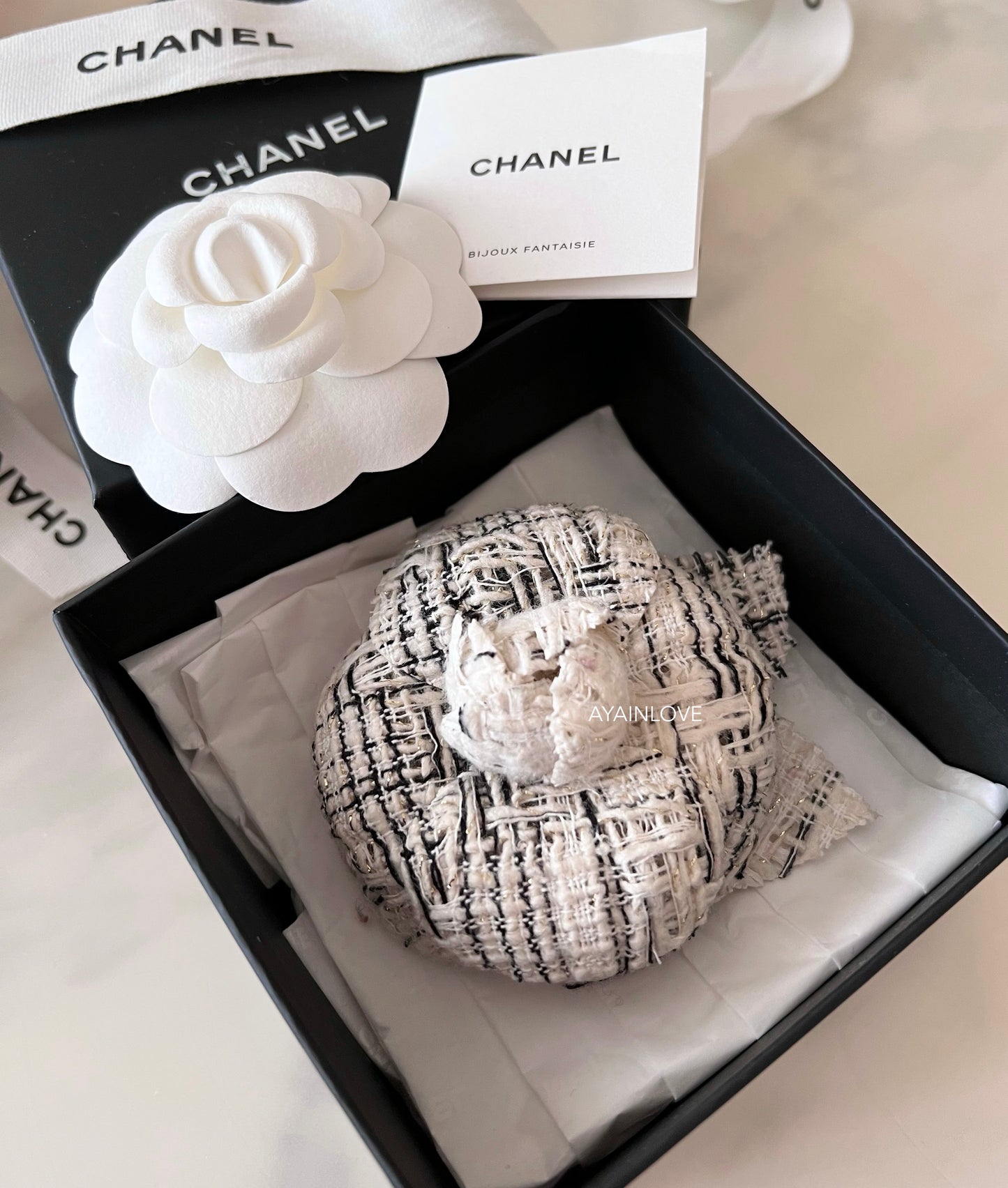 CHANEL 18P Tweed Camellia Brooch In Ecru And Black Light Gold Hardware