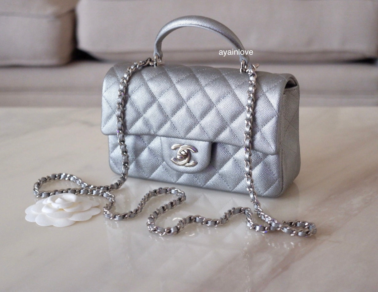 CHANEL 21S Silver Caviar Top Handle Rectangle Mini Bag Silver Hardware