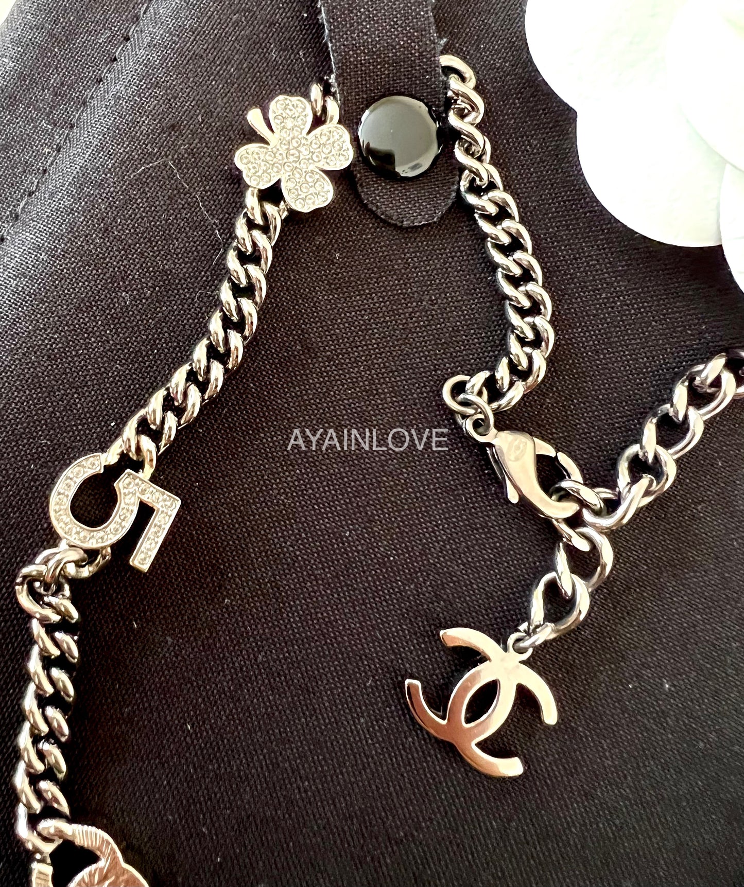 CHANEL 5 Charms Chain Necklace Shiny Ruthenium Hardware