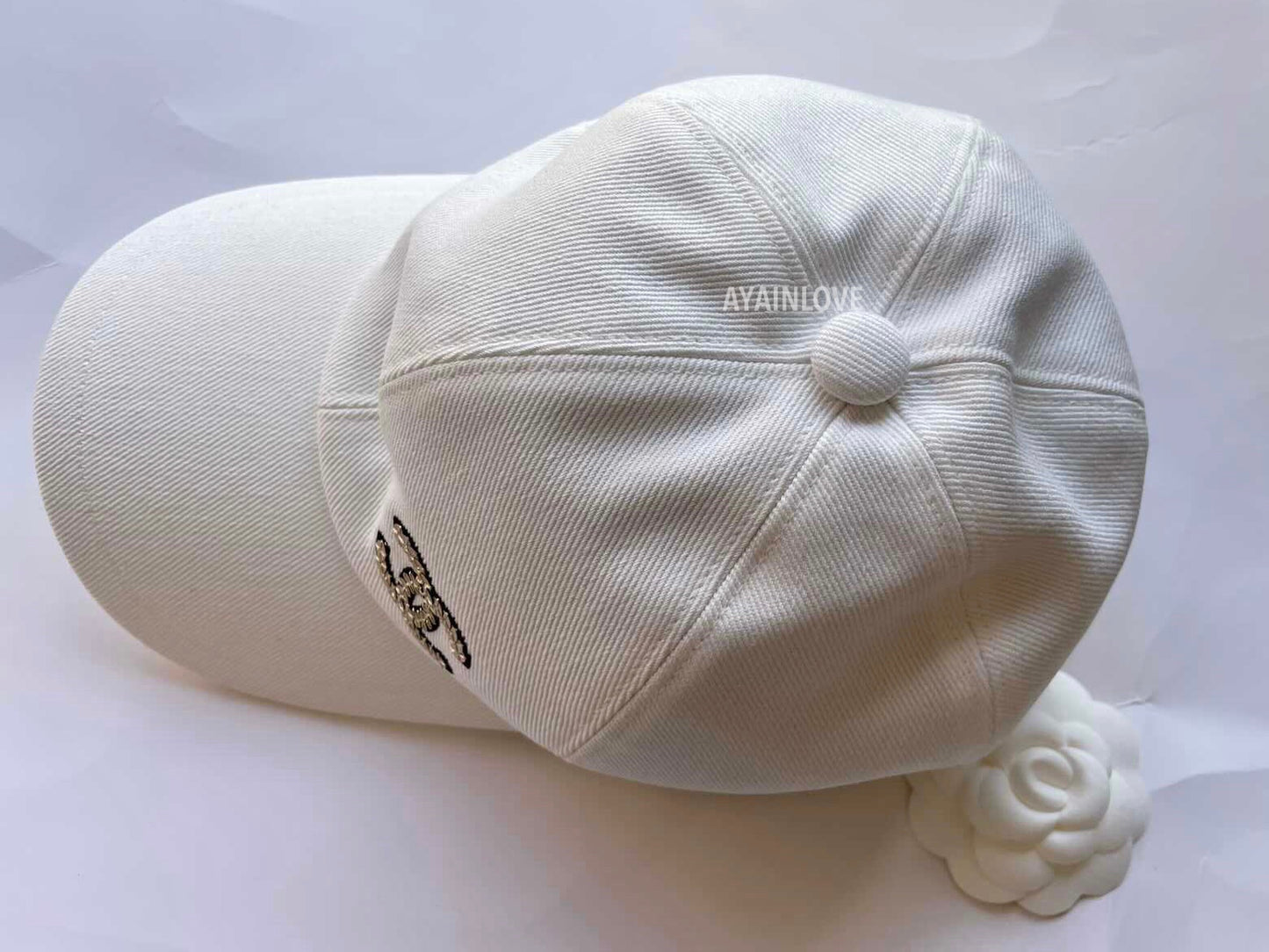 CHANEL 22P CC Sequin Logo White Cotton Cap *New*