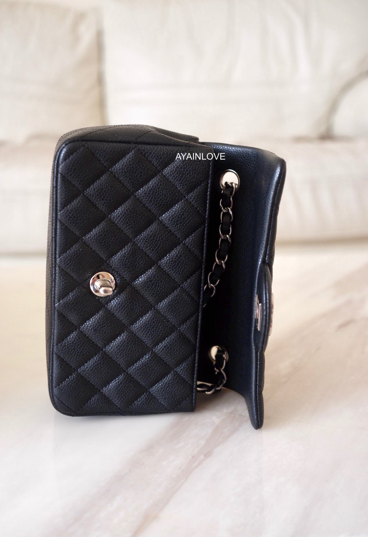 CHANEL 15C Pearly Black Charcoal Caviar Rectangular Mini Silver Hardware