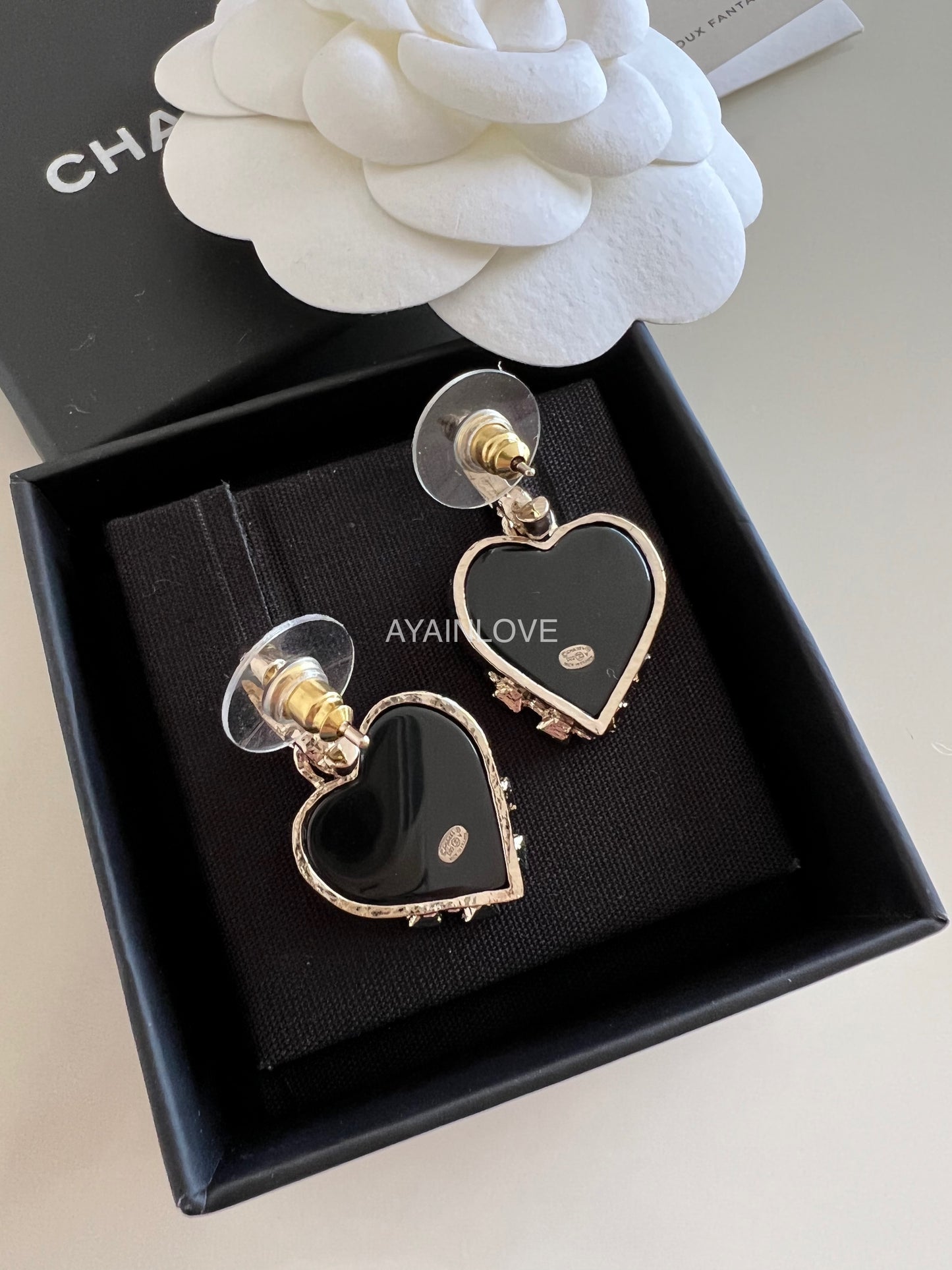 CHANEL Heart CC Drop Black Diamante Statement Earrings Light Gold Hardware