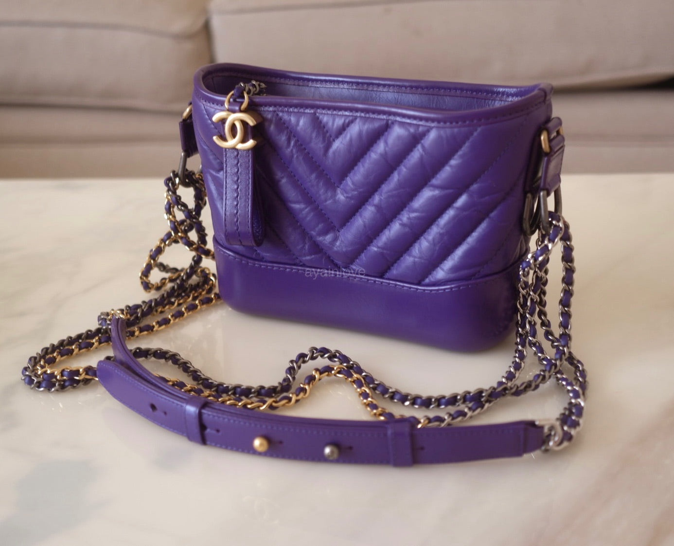 CHANEL 19K Purple Chevron Small Gabrielle Gabby Hobo Bag Mixed Hardware