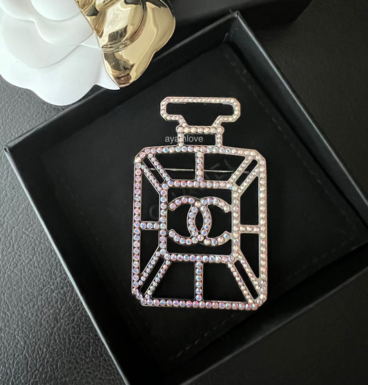 CHANEL Iridescent Pink Crystal Large Perfume Bottle CC Brooch Shiny Ruthenium Hardware