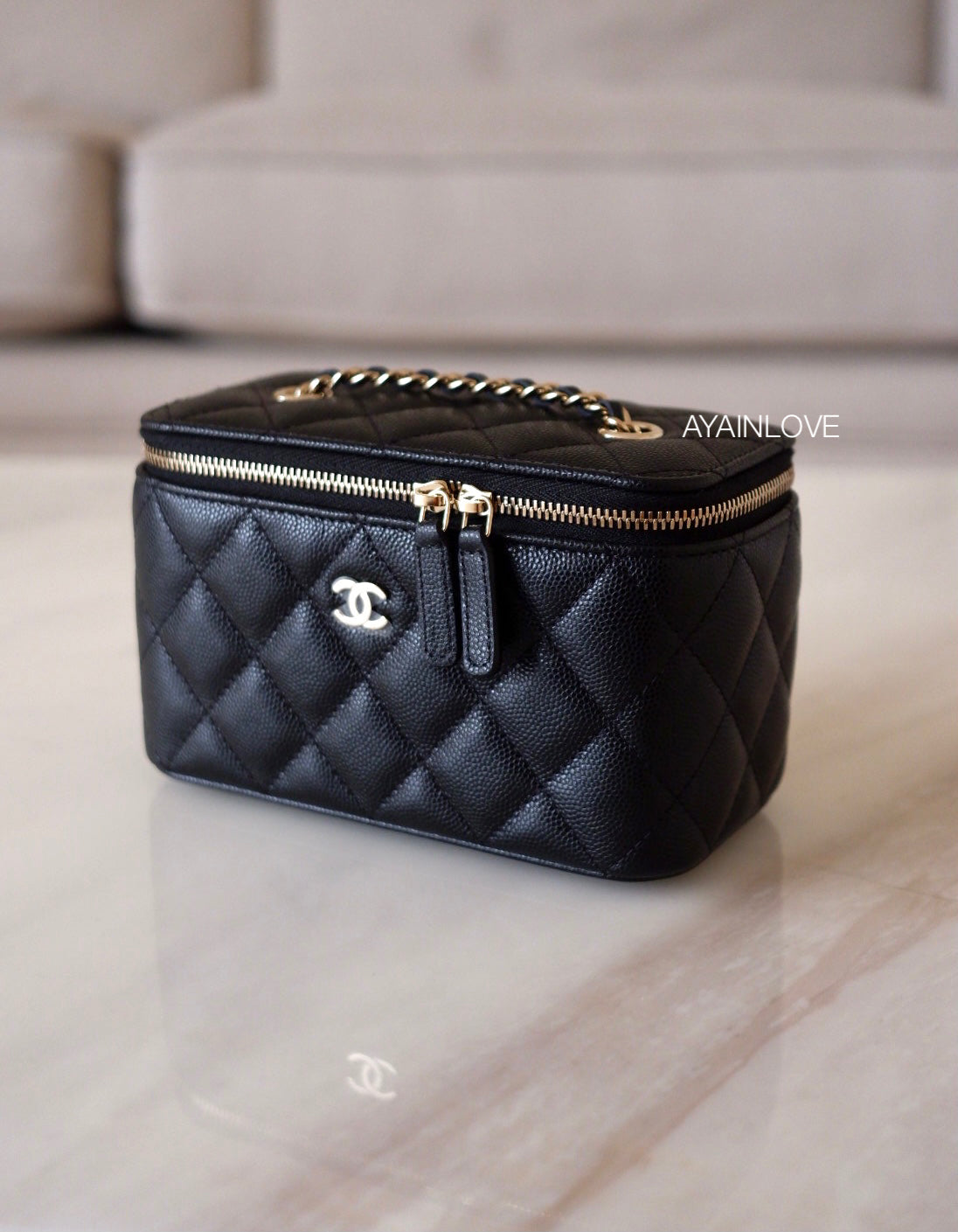 CHANEL Black Caviar Classic Rectangular Vanity On Chain Gold Hardware