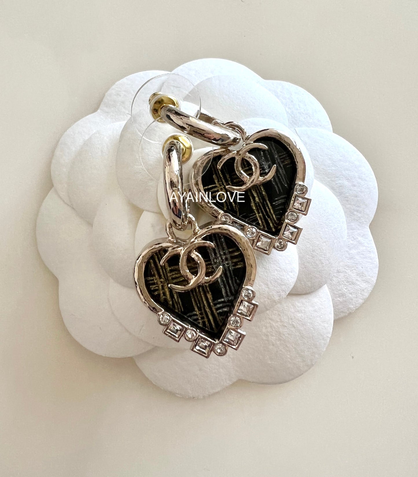 CHANEL Heart CC Drop Black Diamante Statement Earrings Light Gold Hardware