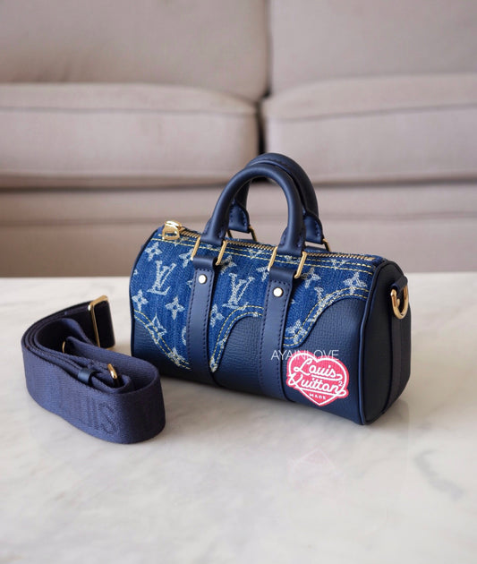 KEEPALL XS BLUE MONOGRAM DENIM AND NAVY BLUE LEATHER GOLD HARDWARE *NEW*