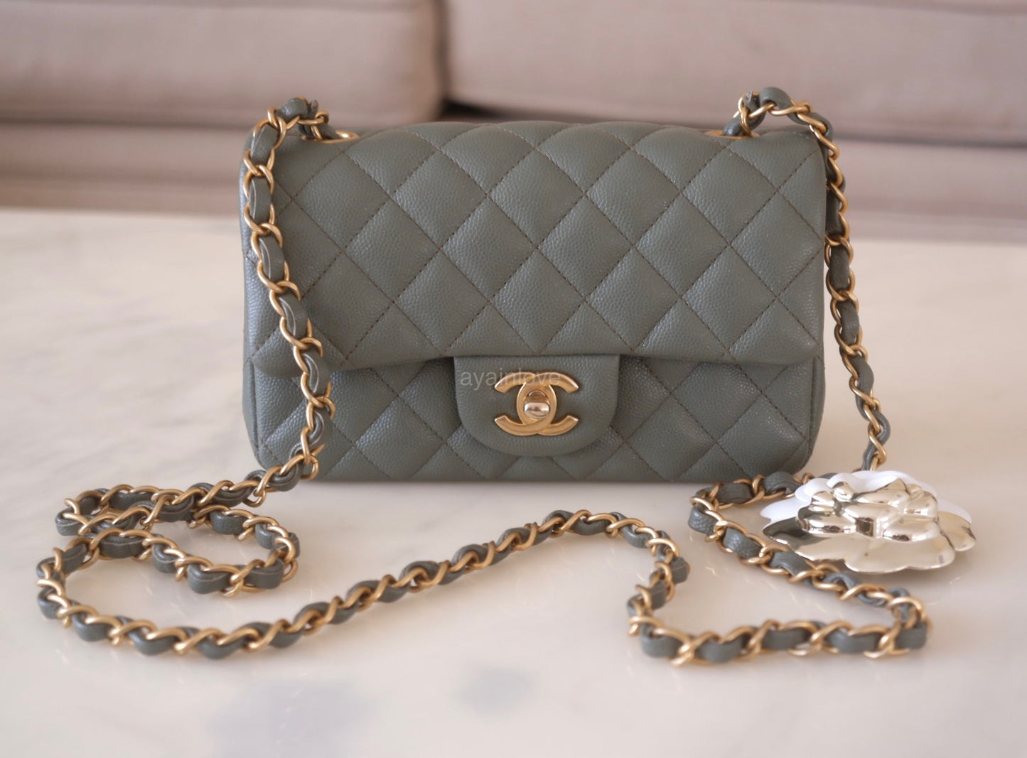 CHANEL 18C Iridescent Green Caviar Rectangular Mini Flap Bag Brushed Gold Hardware