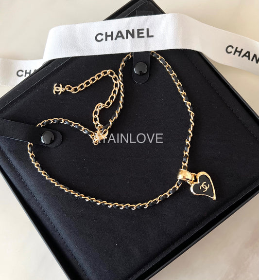 CHANEL 22P Heart CC Black Chain Leather Necklace Gold Hardware