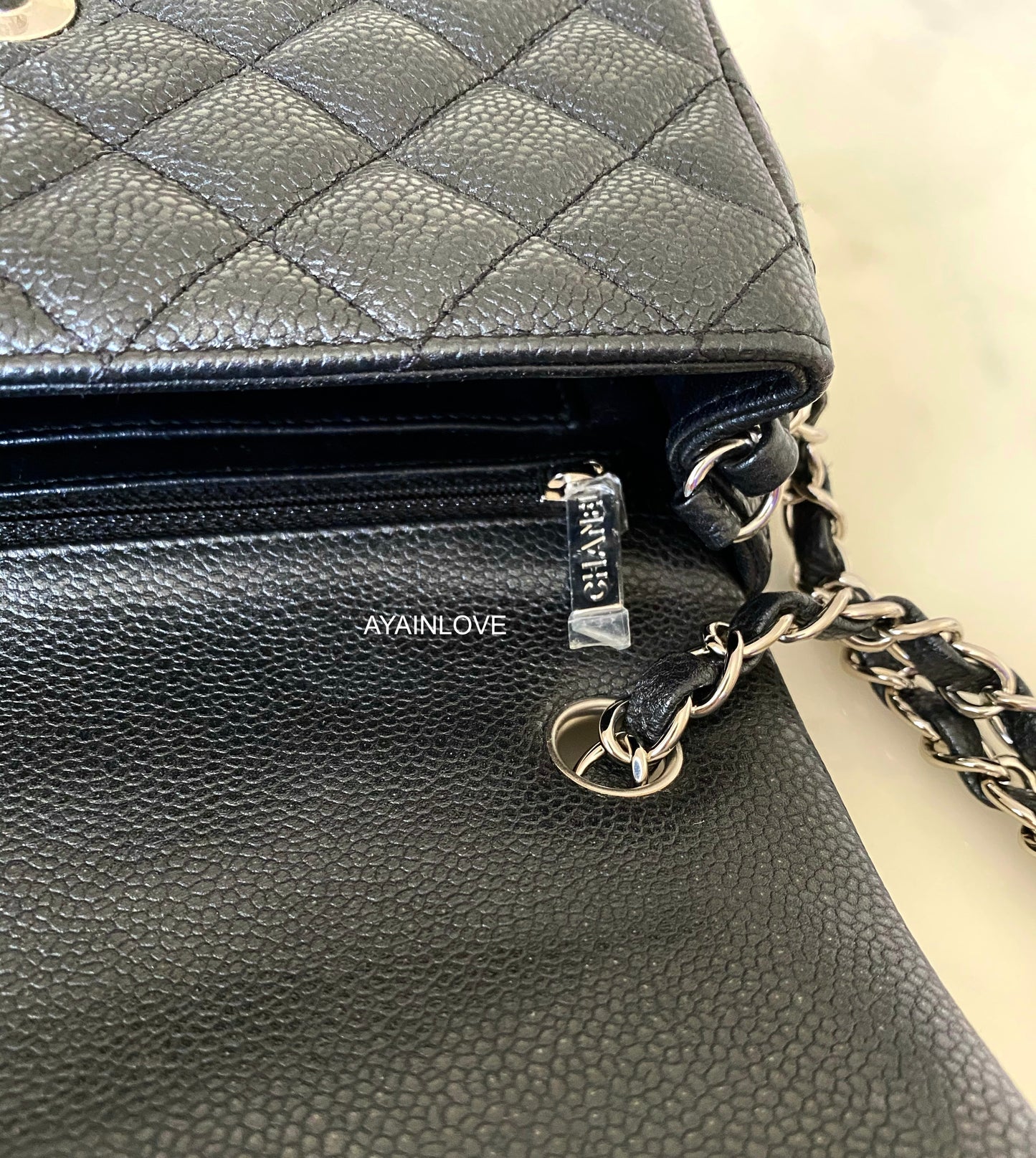 CHANEL 15C Pearly Black Charcoal Caviar Rectangular Mini Silver Hardware