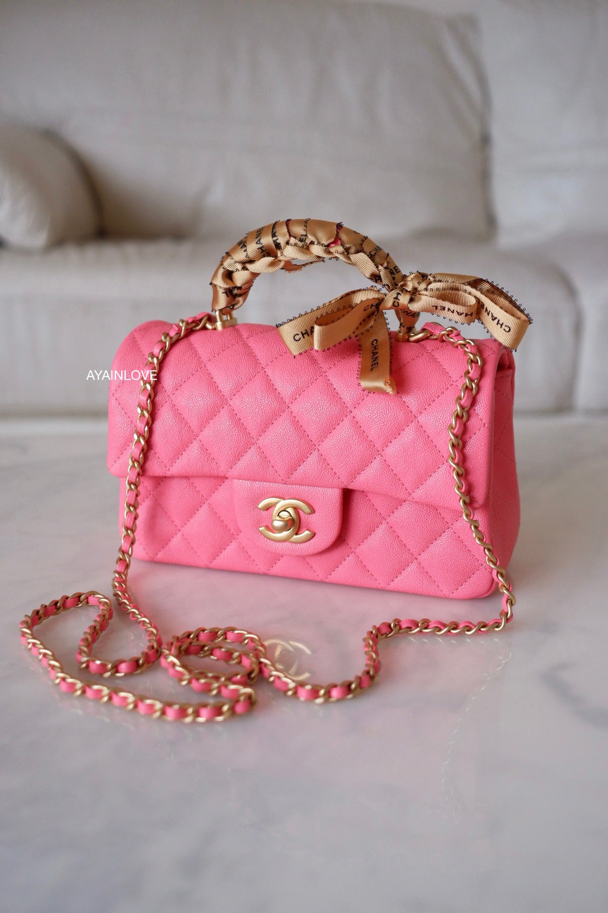 CHANEL 21S Pink Caviar Top Handle Rectangular Mini Gold Hardware