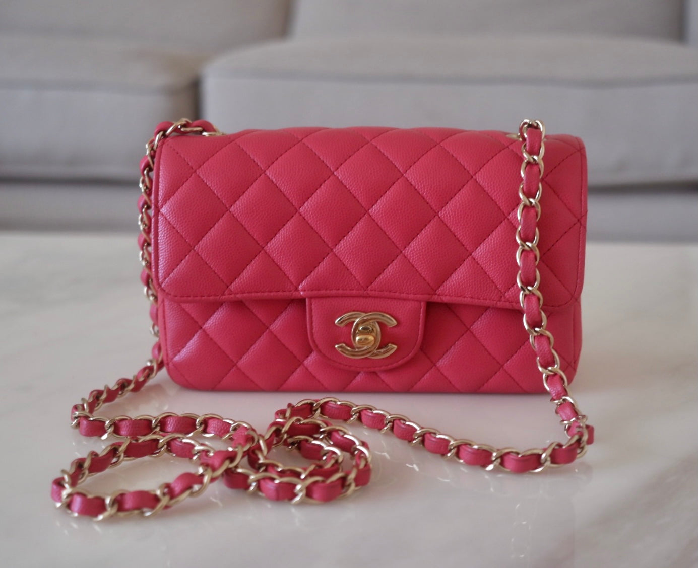 CHANEL 17C Dark Pink Caviar Rectangular Mini Light Gold Hardware