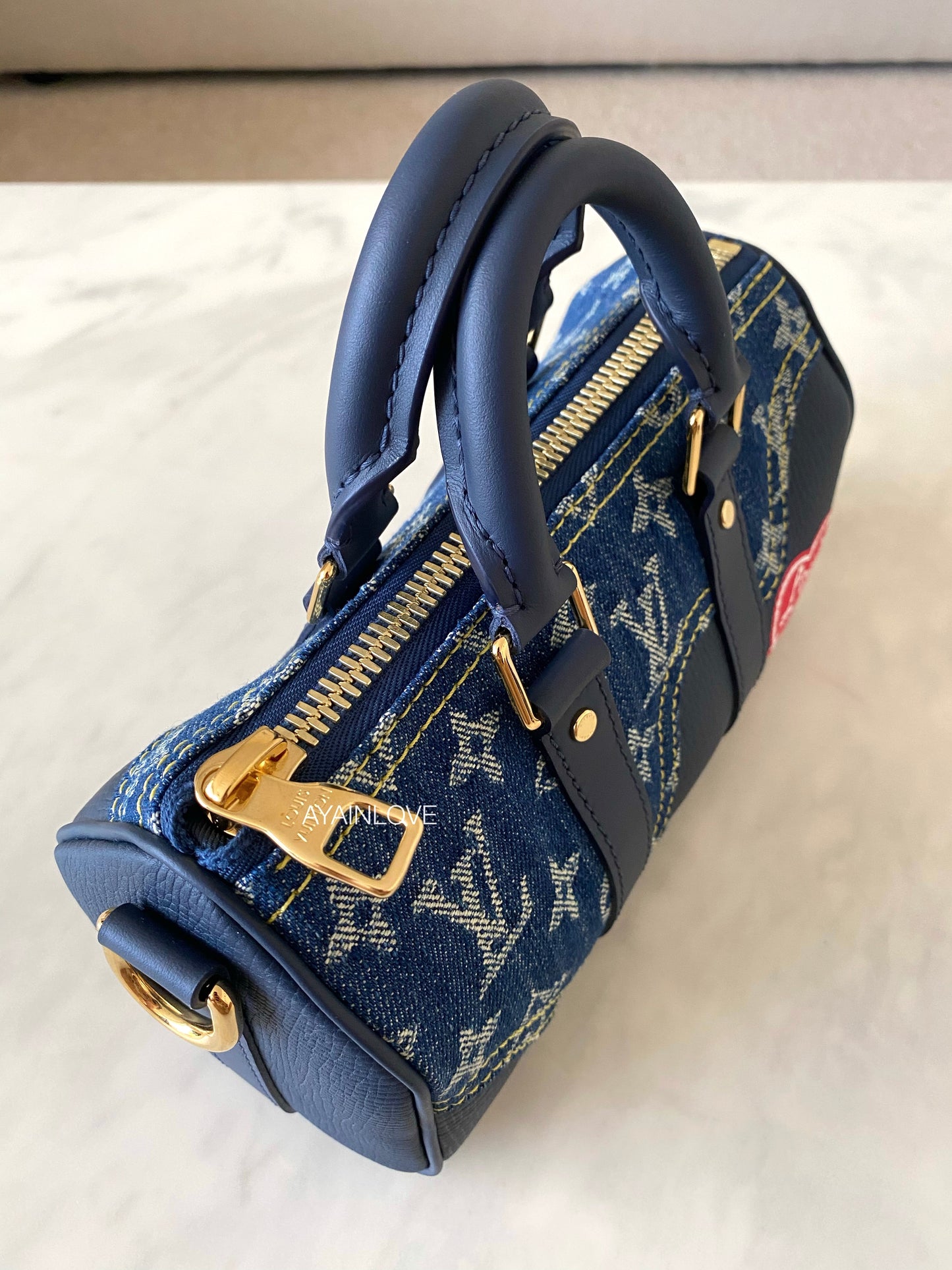 KEEPALL XS BLUE MONOGRAM DENIM AND NAVY BLUE LEATHER GOLD HARDWARE *NEW*