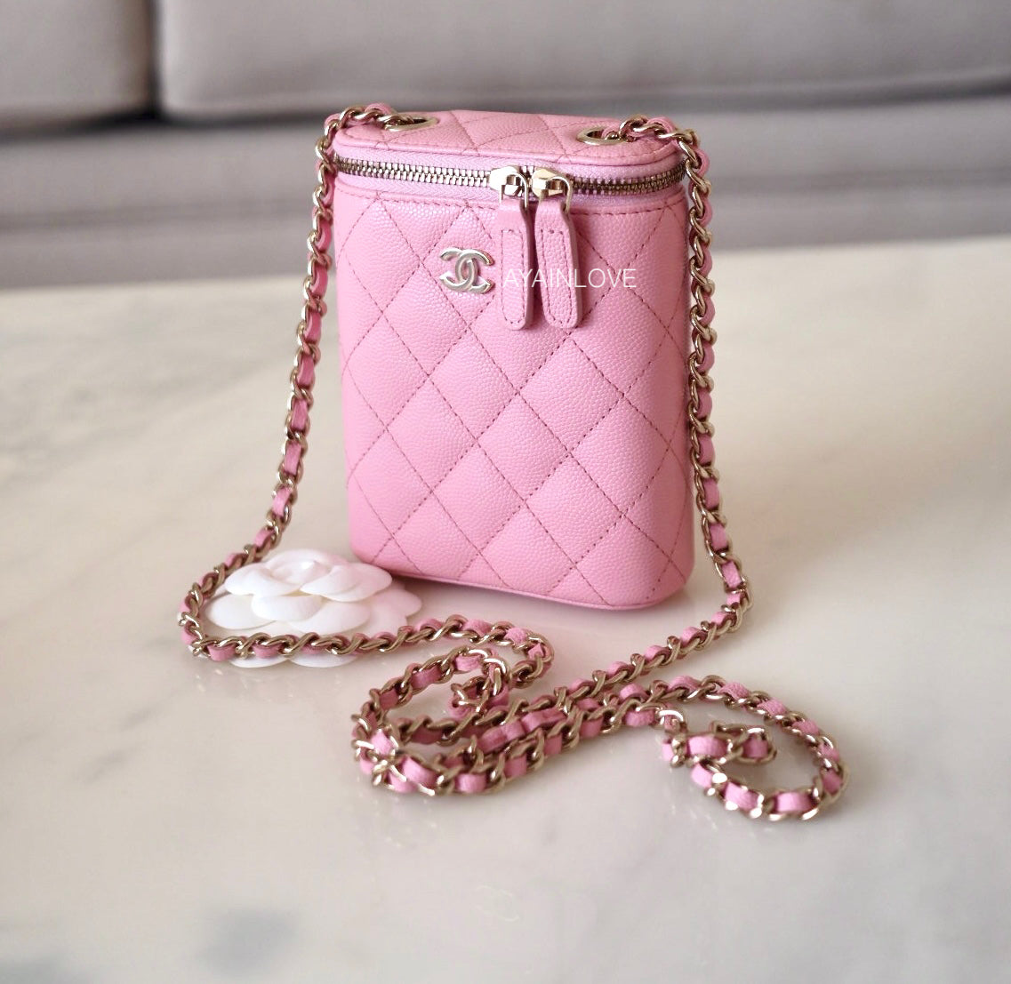 CHANEL 22C Sakura Pink Caviar Vertical Vanity on Chain Light Gold Hardware