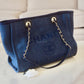 CHANEL Navy Blue Canvas Glitter Small Medium Deauville Tote Bag Light Gold Hardware