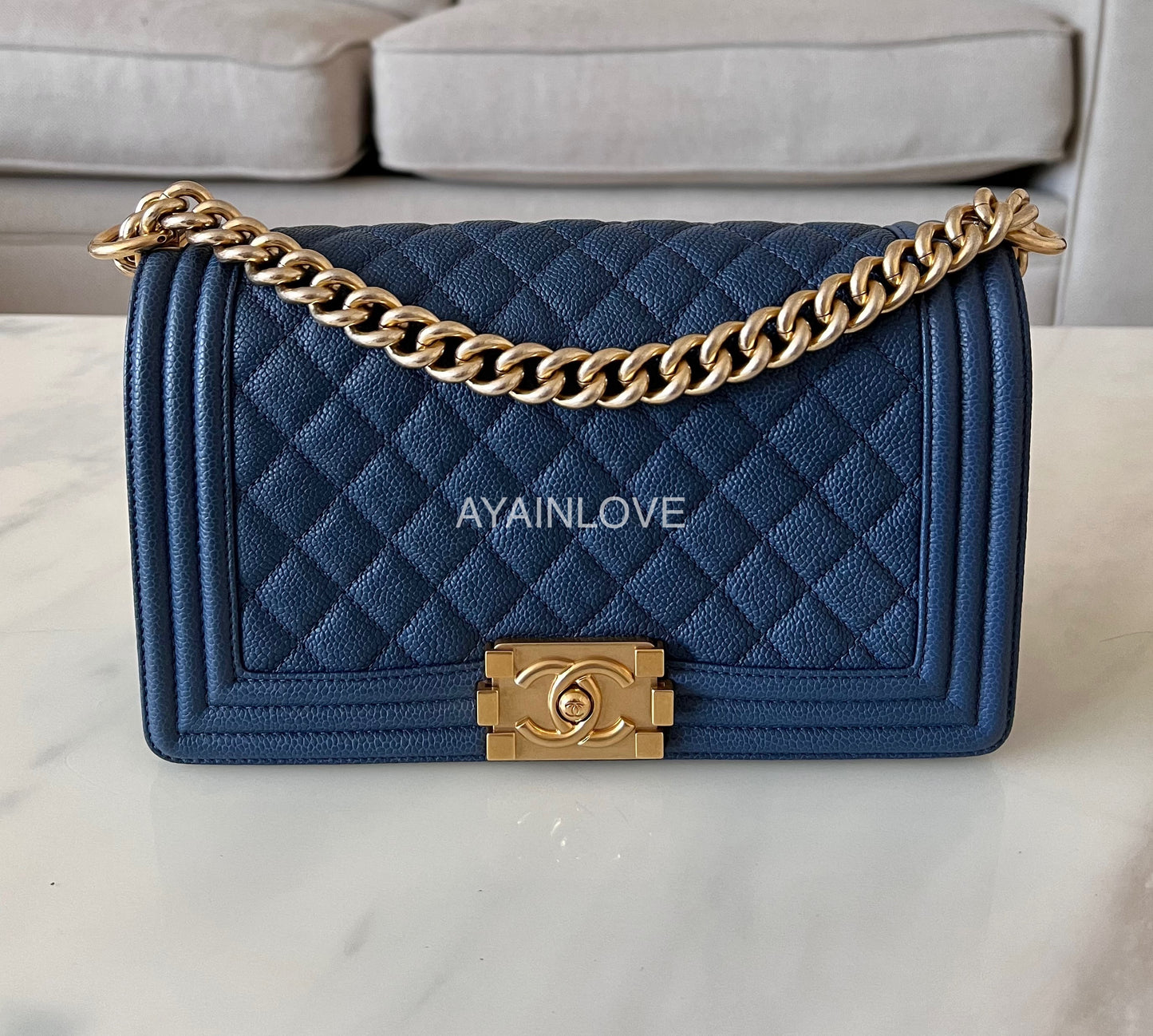 CHANEL Navy Blue Caviar Old Medium Boy Flap Bag Brushed Gold Hardware