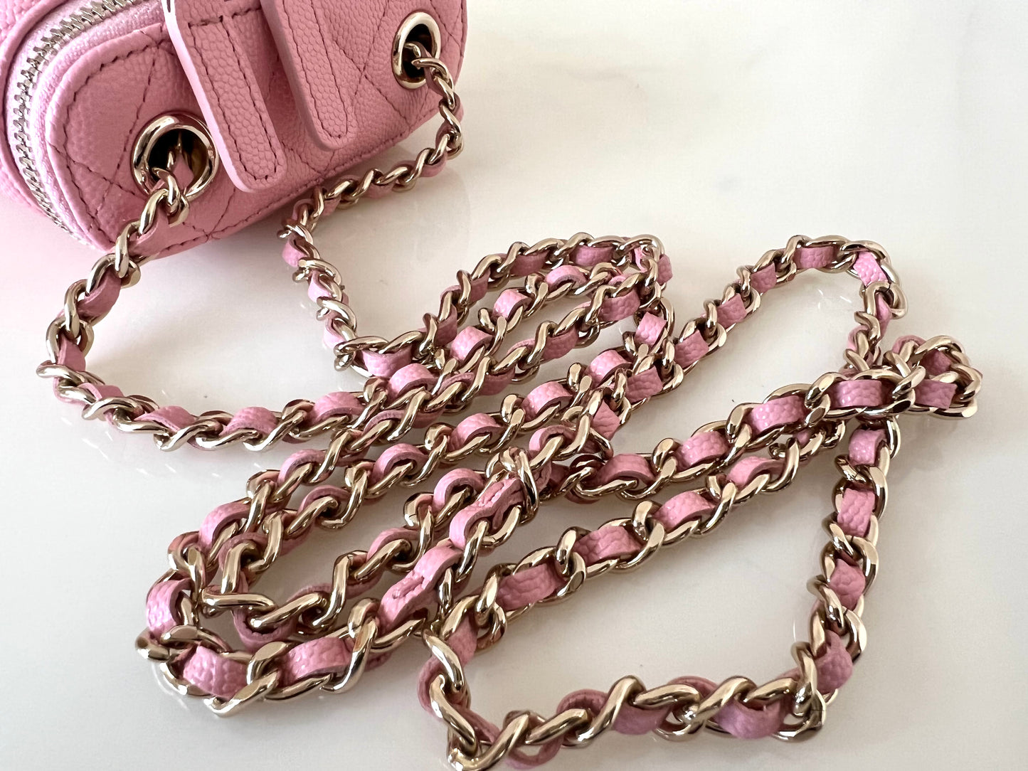 CHANEL 22C Sakura Pink Caviar Vertical Vanity on Chain Light Gold Hardware