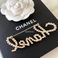 CHANEL 19K Script Pearl Diamante Brooch Light Gold Hardware