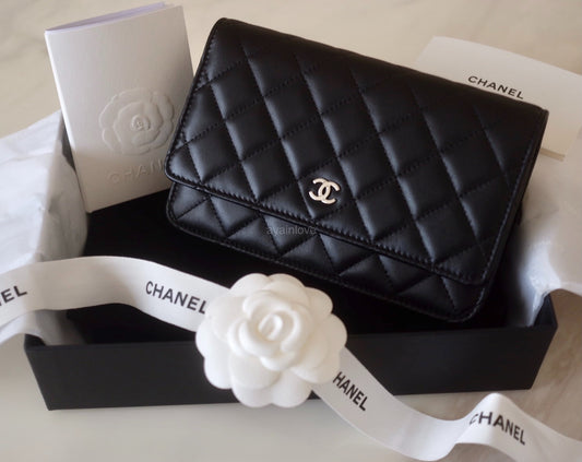 CHANEL Classic Black Lamb Skin Wallet on Chain Microchipped Silver Hardware