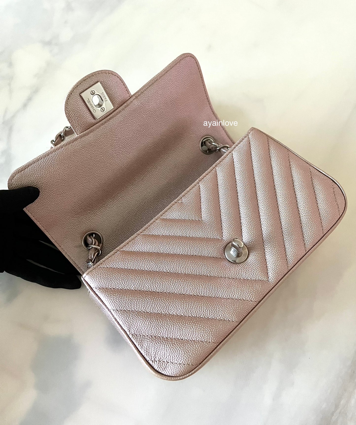 CHANEL 17B Rose Gold Caviar Chevron Rectangular Mini Silver Hardware