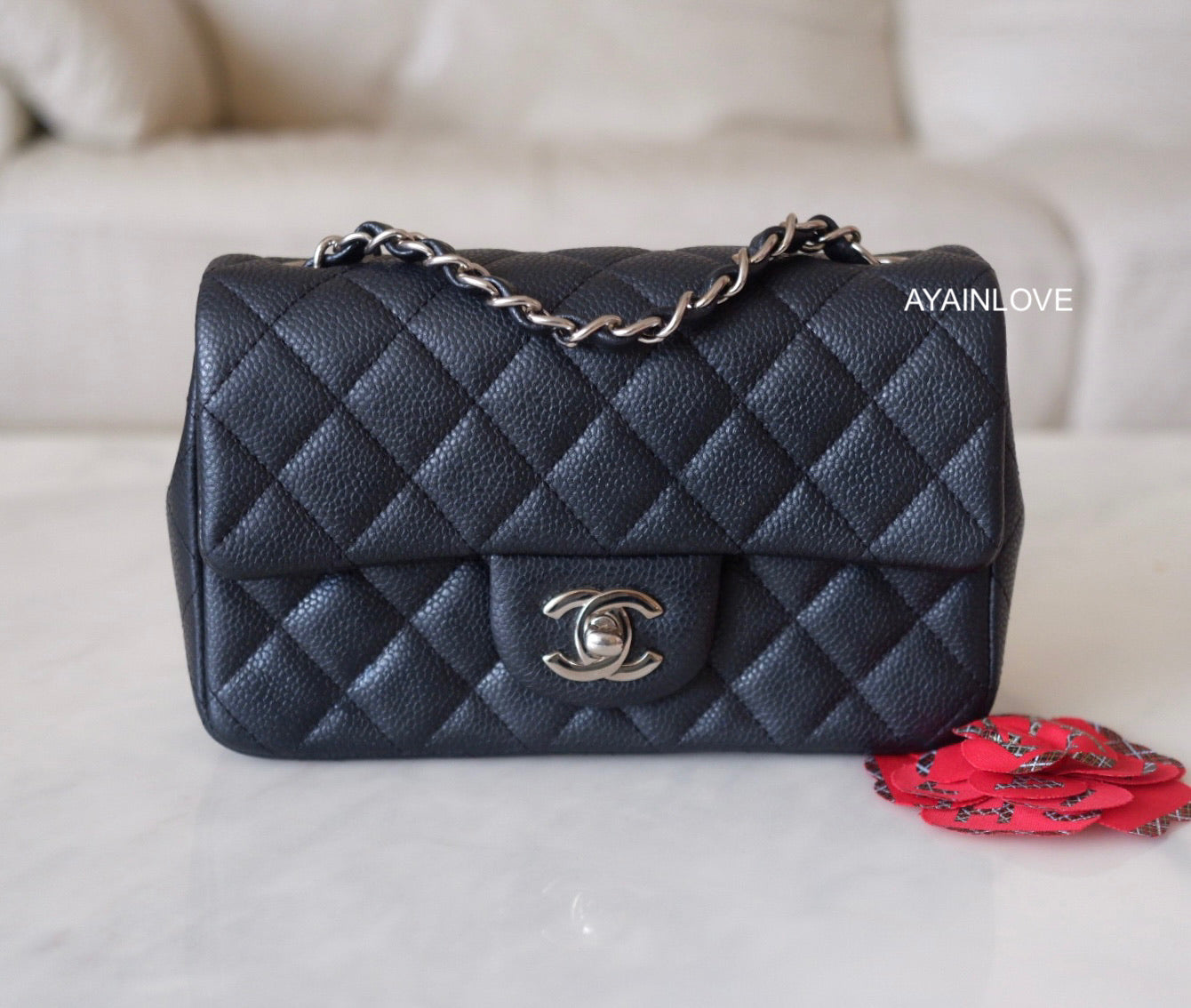 CHANEL 15C Pearly Black Charcoal Caviar Rectangular Mini Silver Hardware