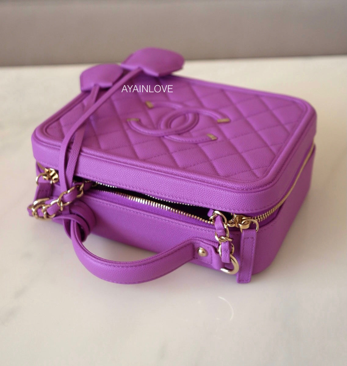 20C PURPLE CAVIAR MEDIUM FILIGREE VANITY CASE LIGHT GOLD HARDWARE *NEW*