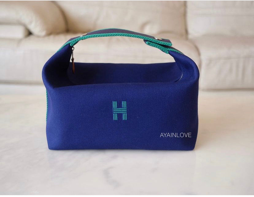 HERMES Bride-A-Brac Blue Canvas Large Case With H Logo And Palladium Hardware