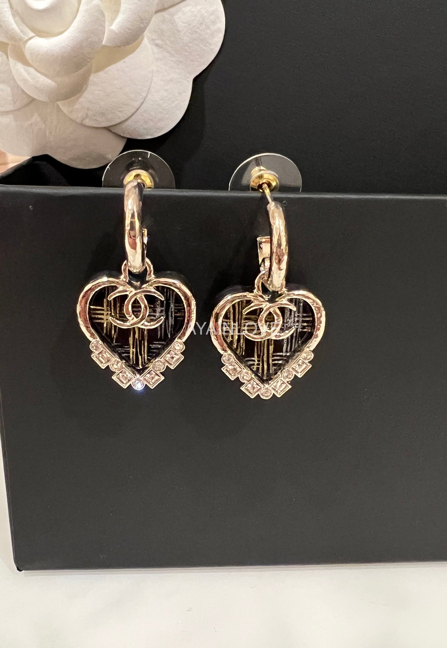 CHANEL Heart CC Drop Black Diamante Statement Earrings Light Gold Hardware