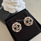 CHANEL 22S White Leather Chain Round CC Crystal Stud Earrings Light Gold Hardware
