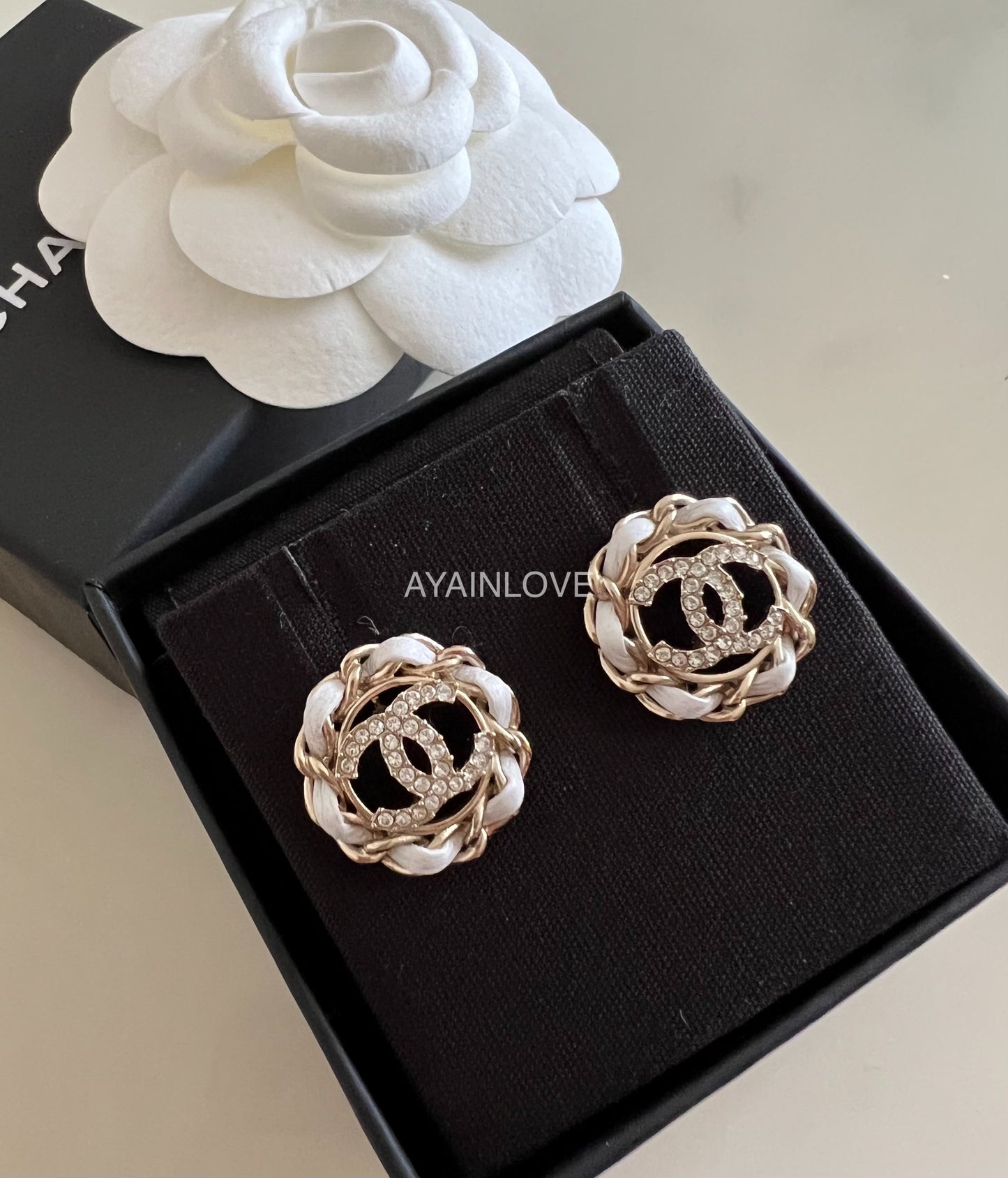 CHANEL 22S White Leather Chain Round CC Crystal Stud Earrings Light Gold Hardware