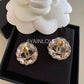 CHANEL 22S White Leather Chain Round CC Crystal Stud Earrings Light Gold Hardware