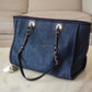 CHANEL Navy Blue Canvas Glitter Small Medium Deauville Tote Bag Light Gold Hardware