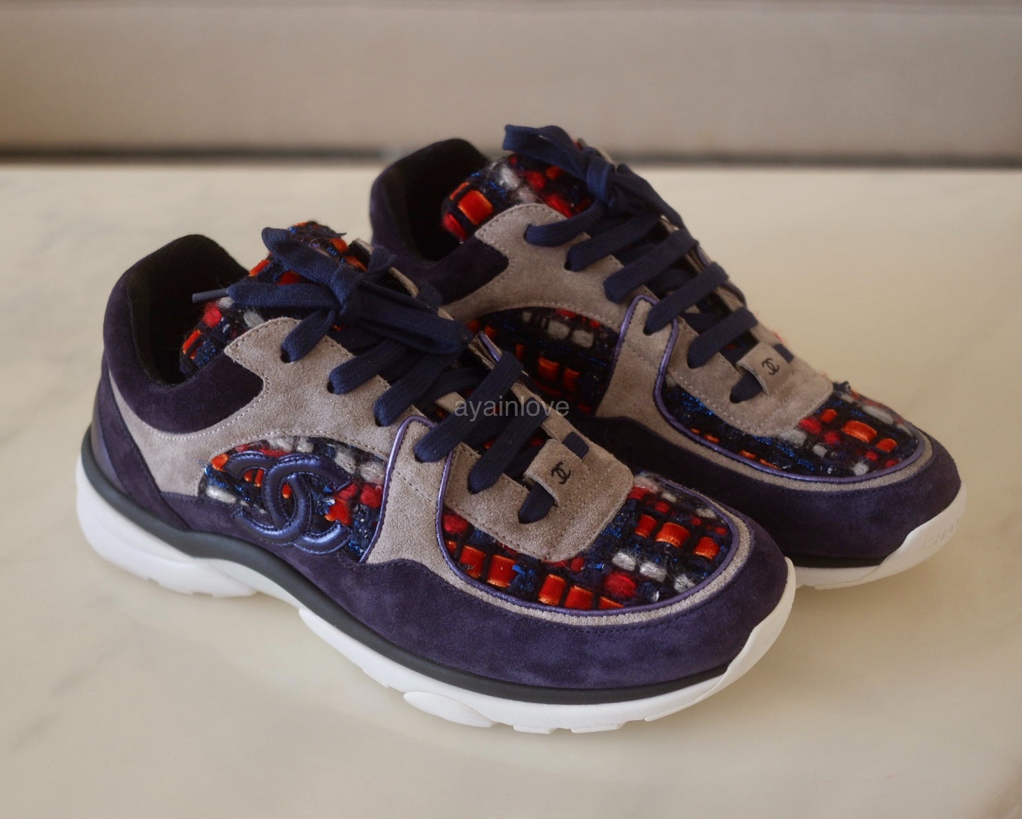 CHANEL 18A Multicolour Blue Red Tweed and Suede Calfskin Sneakers Trainers Shoes Size 38.5 EU