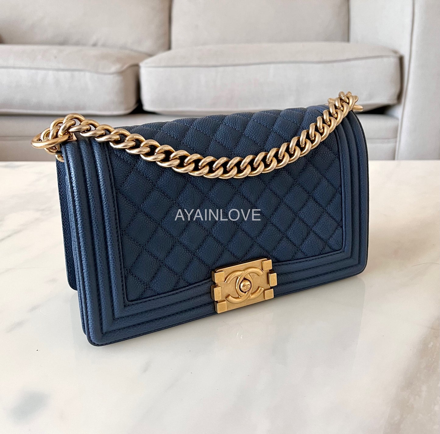 CHANEL Navy Blue Caviar Old Medium Boy Flap Bag Brushed Gold Hardware