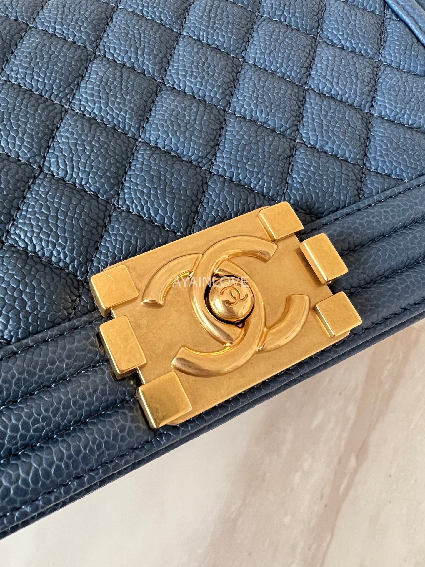 CHANEL Navy Blue Caviar Old Medium Boy Flap Bag Brushed Gold Hardware