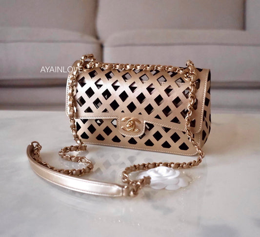 CHANEL 21P Gold Calf Skin See Through Rectangular Mini Light Gold Hardware